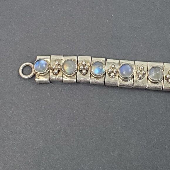 Sterling Silver 925 Opalite Glass Cabochon Panel Bead Link Bracelet Chunky 7.25" - Picture 12 of 15